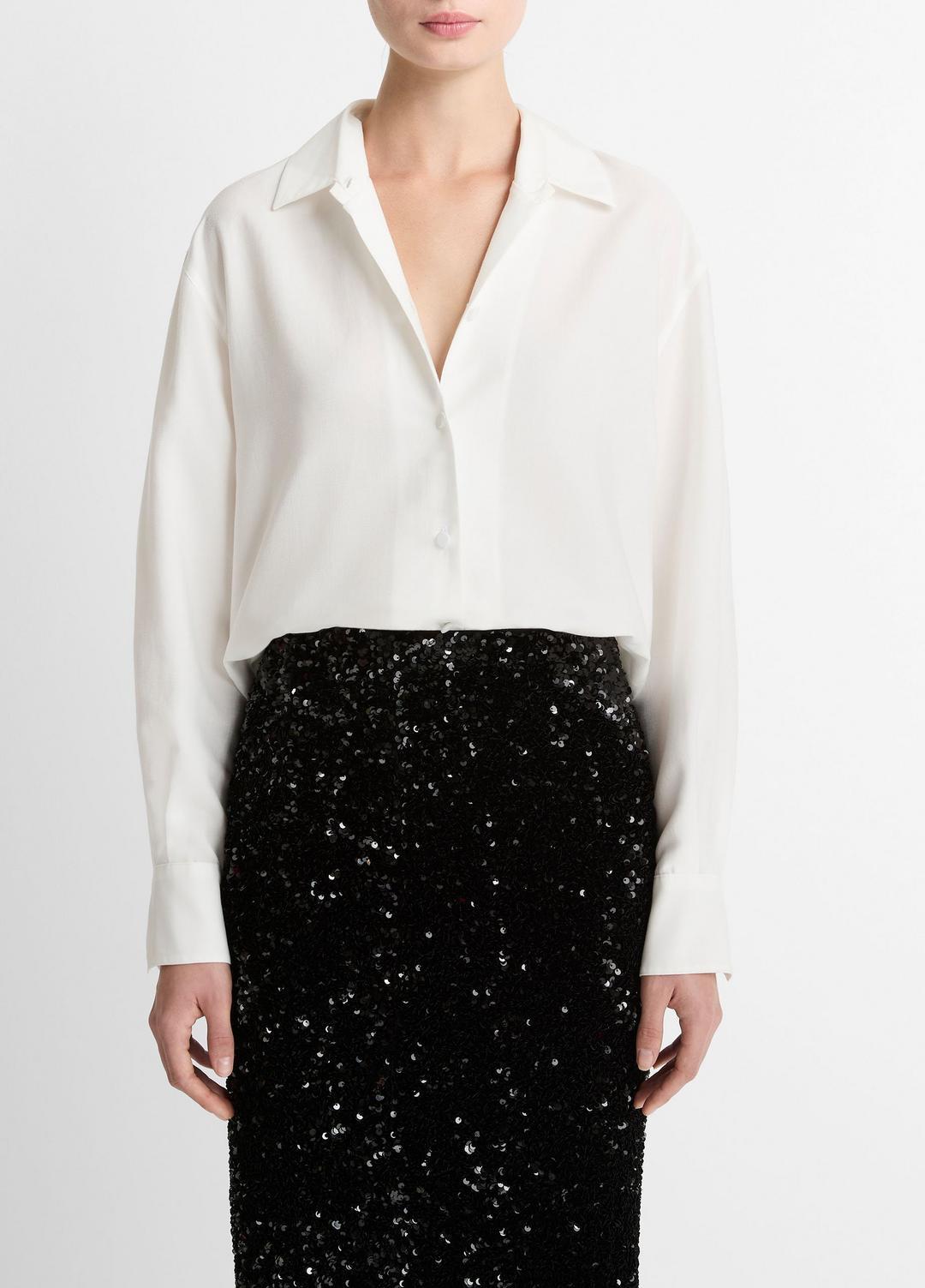 Refined Twill Covered-Button Shirt in Long Sleeve - LIGHT CREAM
