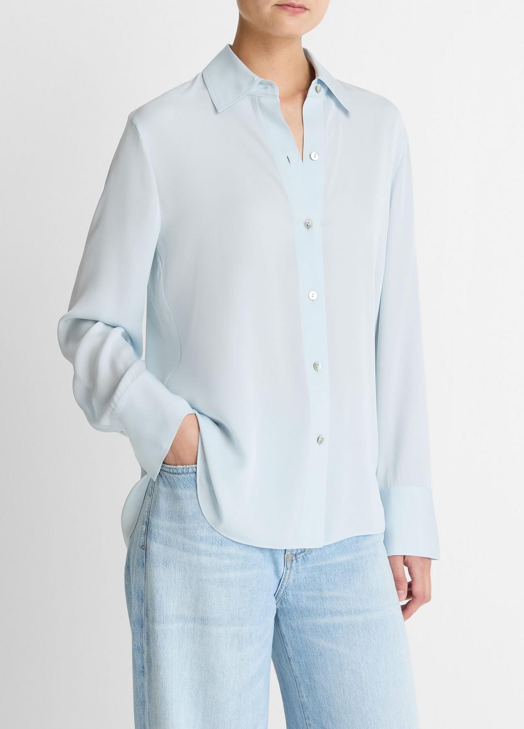 Stretch-Silk Button-Front Blouse in Long Sleeve - GLACIER