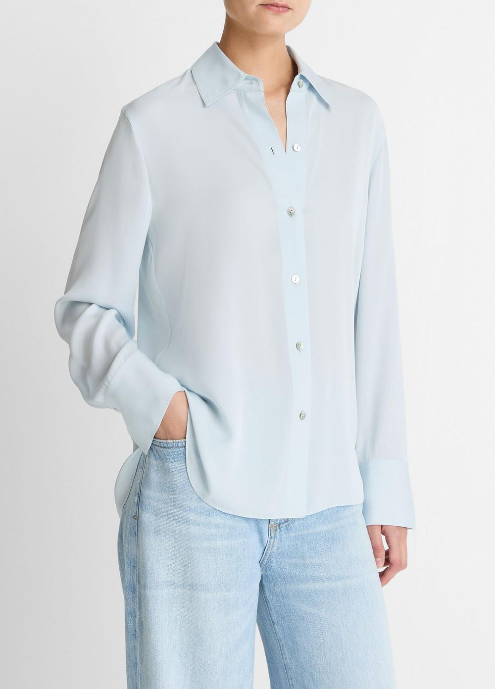 Stretch-Silk Button-Front Blouse in Long Sleeve - GLACIER