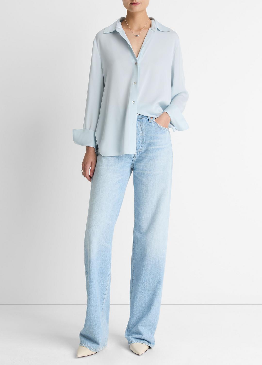 Stretch-Silk Button-Front Blouse in Long Sleeve - GLACIER