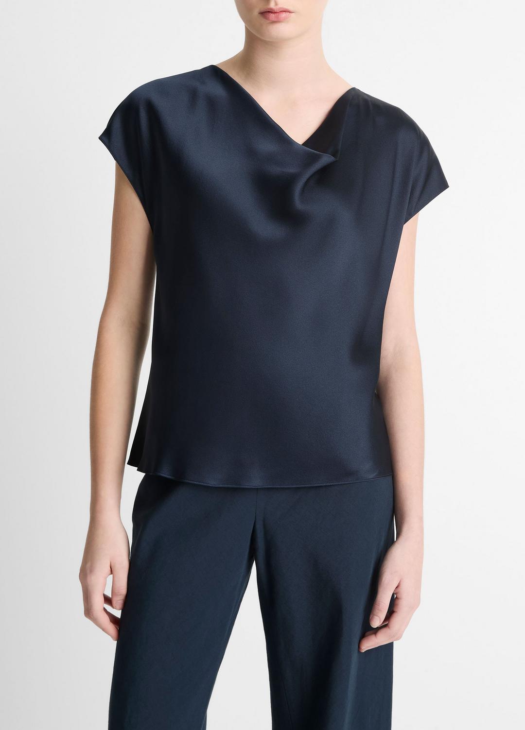 Silk Cowl-Neck Blouse in Short Sleeve - COASTAL BLUE