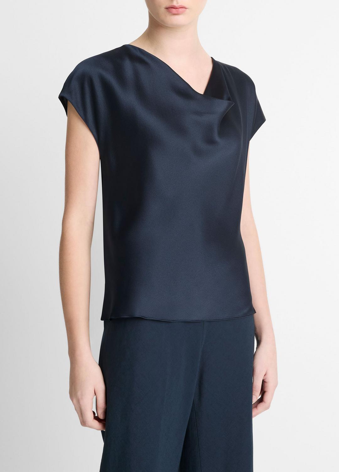 Silk Cowl-Neck Blouse in Short Sleeve - COASTAL BLUE