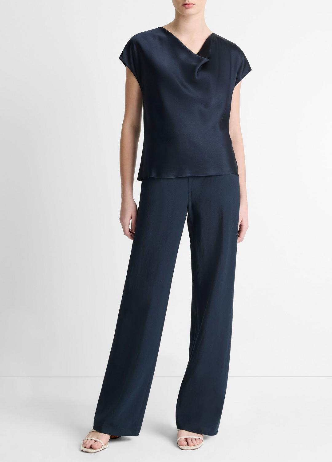 Silk Cowl-Neck Blouse in Short Sleeve - COASTAL BLUE