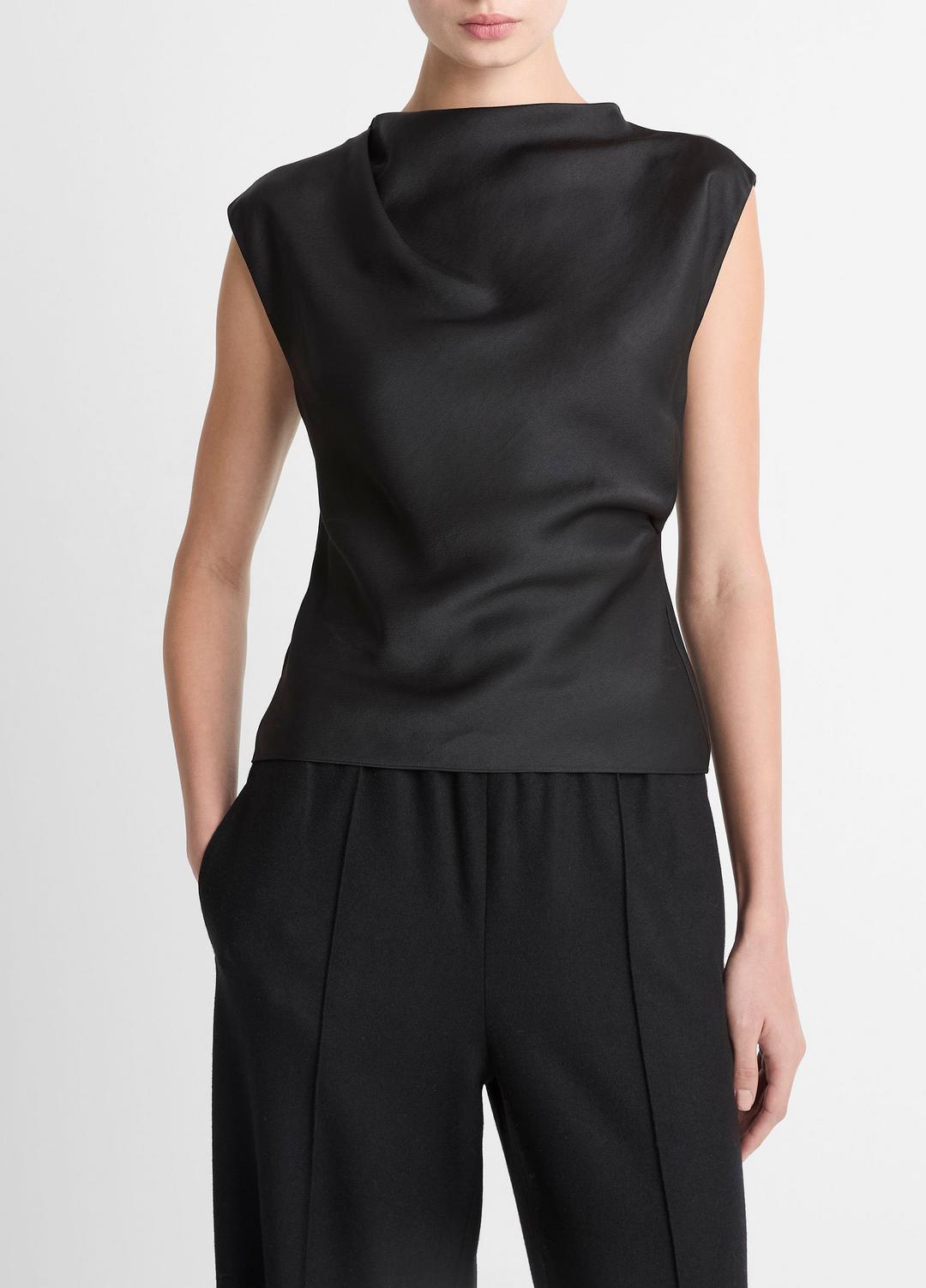 Satin Draped Cowl-Neck Top in Tank Tops - BLACK