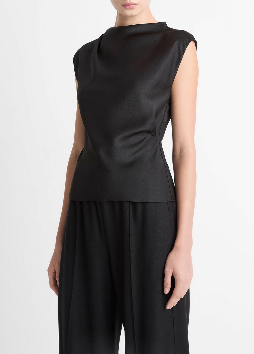 Satin Draped Cowl-Neck Top in Tank Tops - BLACK