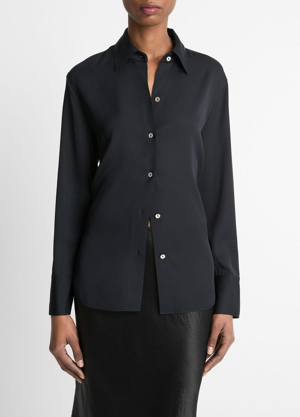 Stretch-Silk Button-Front Blouse in Long Sleeve - BLACK
