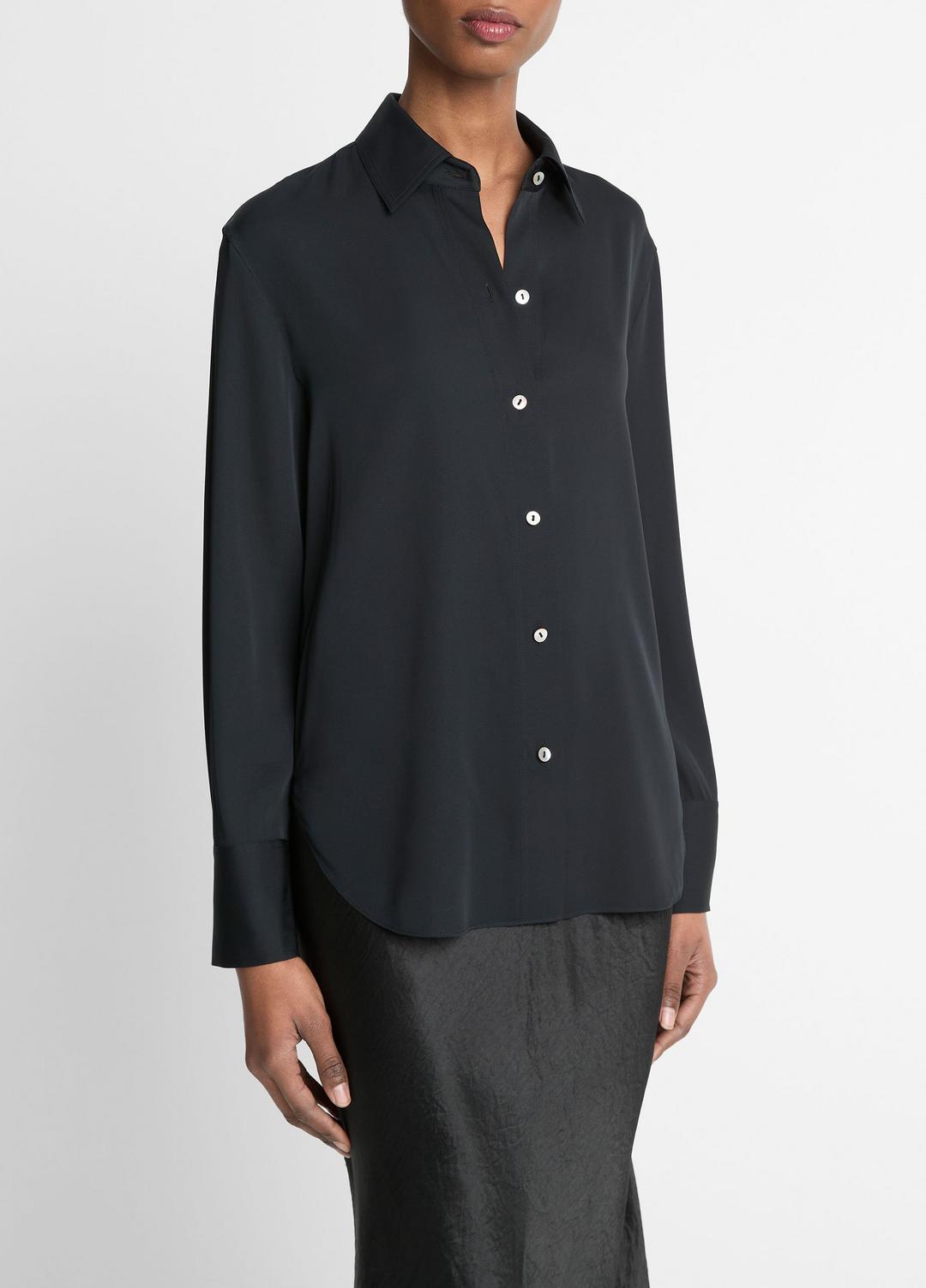 Stretch-Silk Button-Front Blouse in Long Sleeve - BLACK
