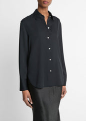 Stretch-Silk Button-Front Blouse in Long Sleeve - BLACK