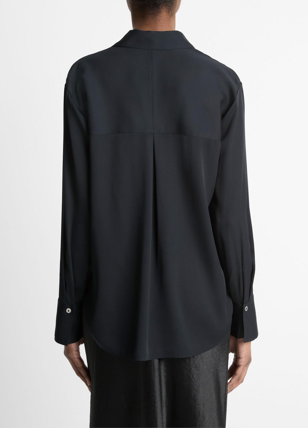 Stretch-Silk Button-Front Blouse in Long Sleeve - BLACK