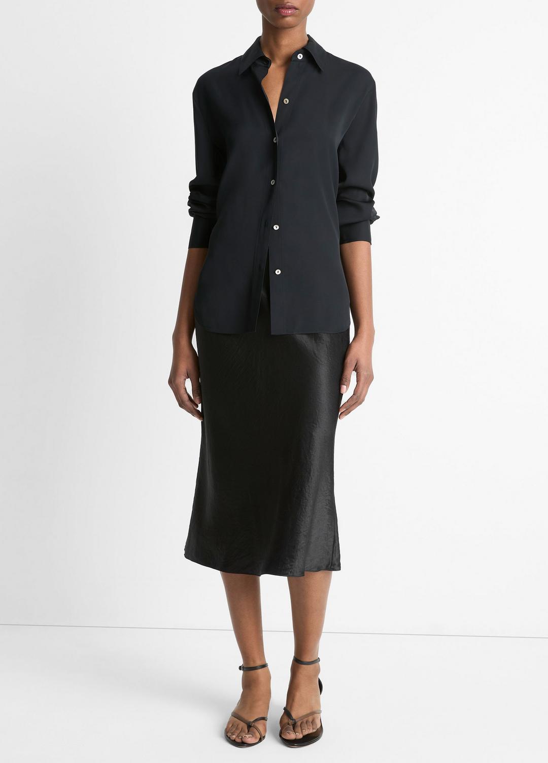 Stretch-Silk Button-Front Blouse in Long Sleeve - BLACK
