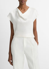 Silk Cowl-Neck Blouse in Short Sleeve - OFF WHITE
