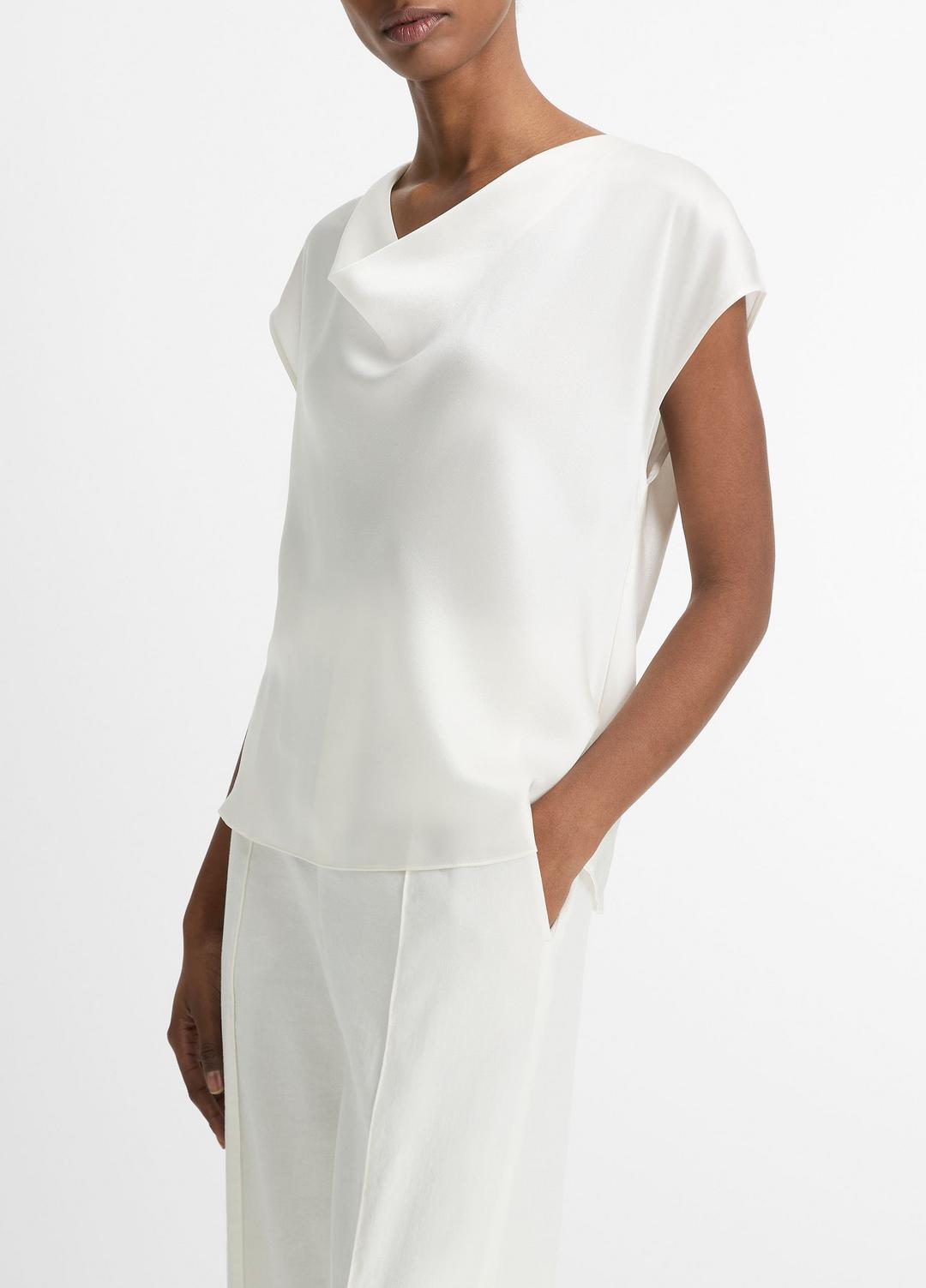 Silk Cowl-Neck Blouse in Short Sleeve - OFF WHITE