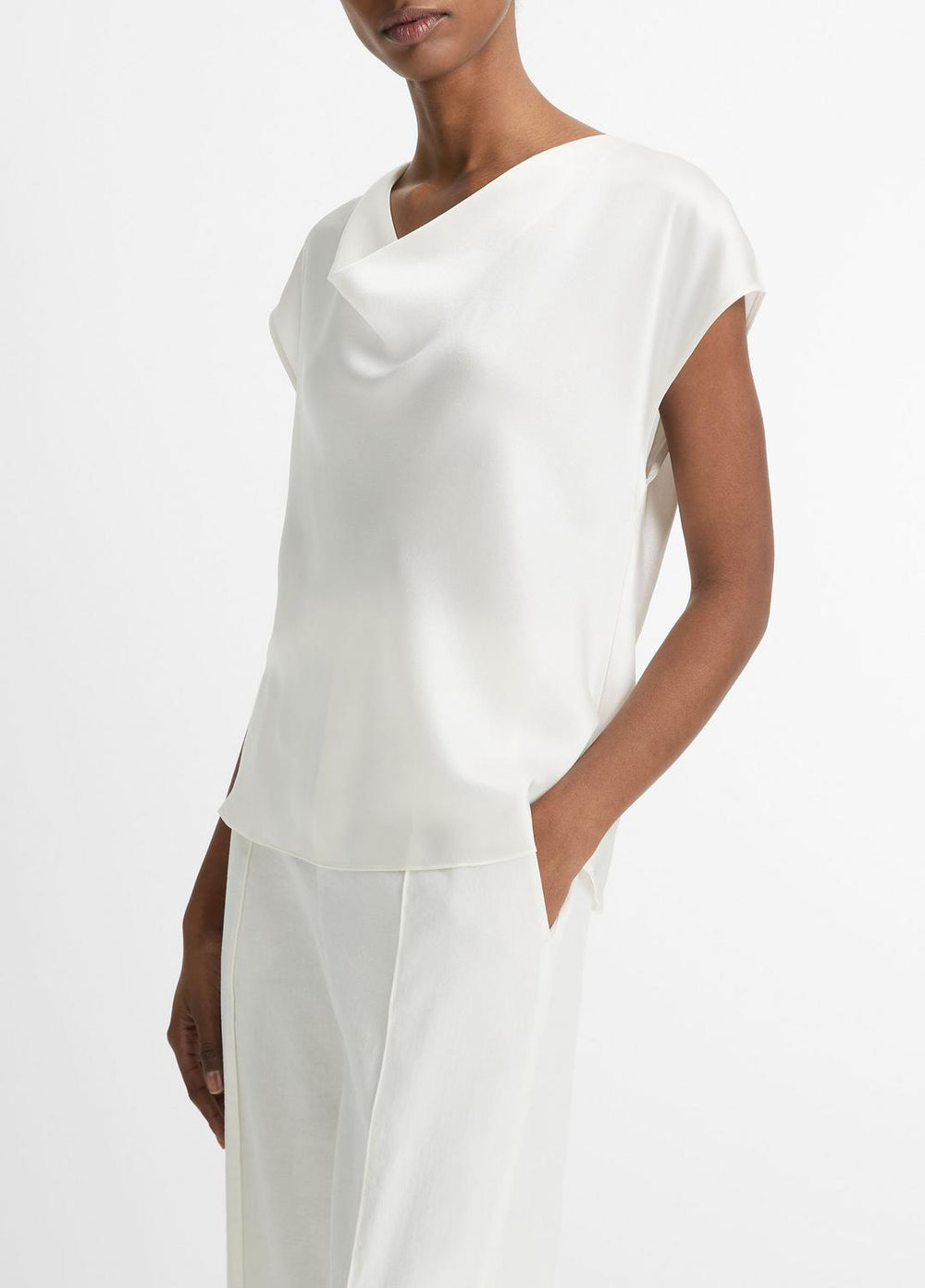 Silk Cowl-Neck Blouse in Short Sleeve - OFF WHITE