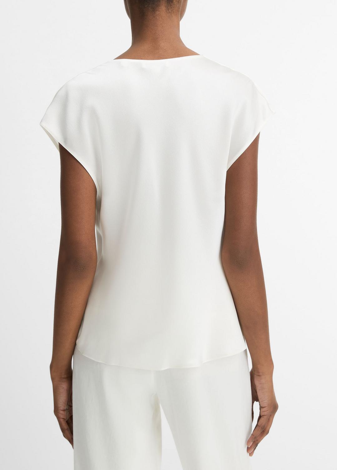 Silk Cowl-Neck Blouse in Short Sleeve - OFF WHITE