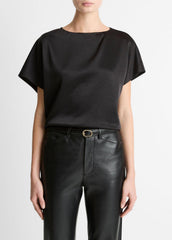 Draped Satin Dolman-Sleeve Blouse in Short Sleeve - BLACK