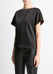 Draped Satin Dolman-Sleeve Blouse in Short Sleeve - BLACK