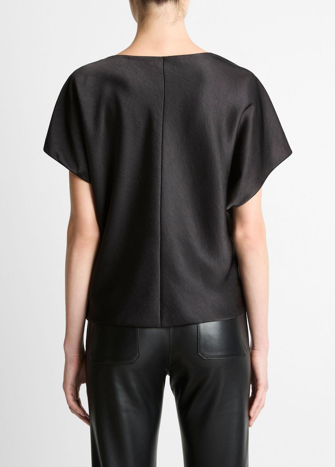 Draped Satin Dolman-Sleeve Blouse in Short Sleeve - BLACK