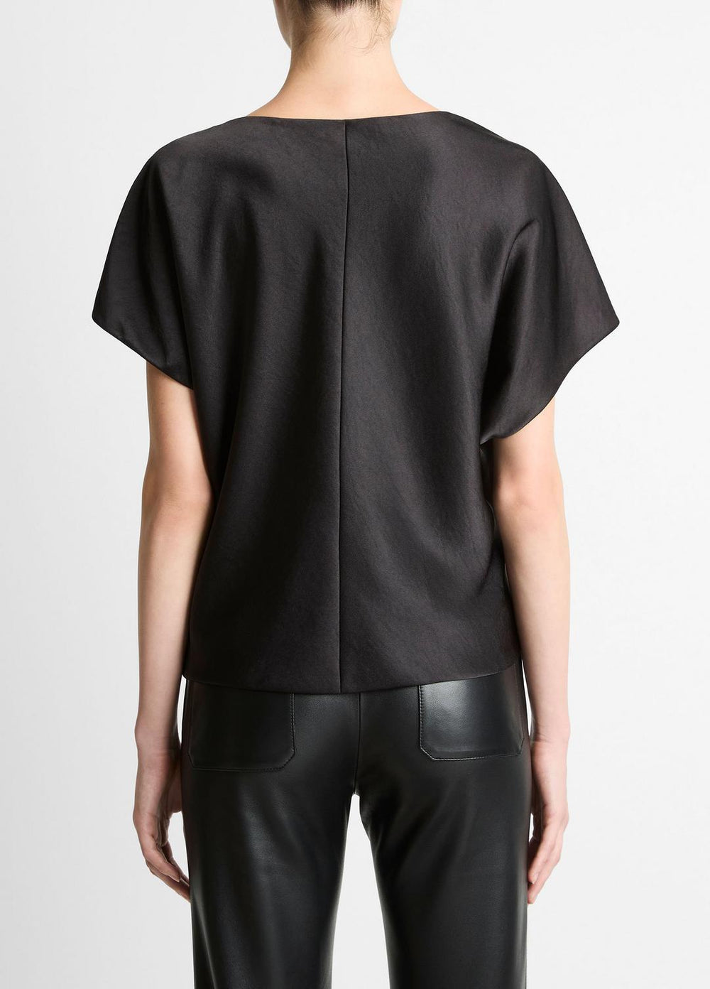 Draped Satin Dolman-Sleeve Blouse in Short Sleeve - BLACK