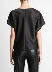 Draped Satin Dolman-Sleeve Blouse in Short Sleeve - BLACK