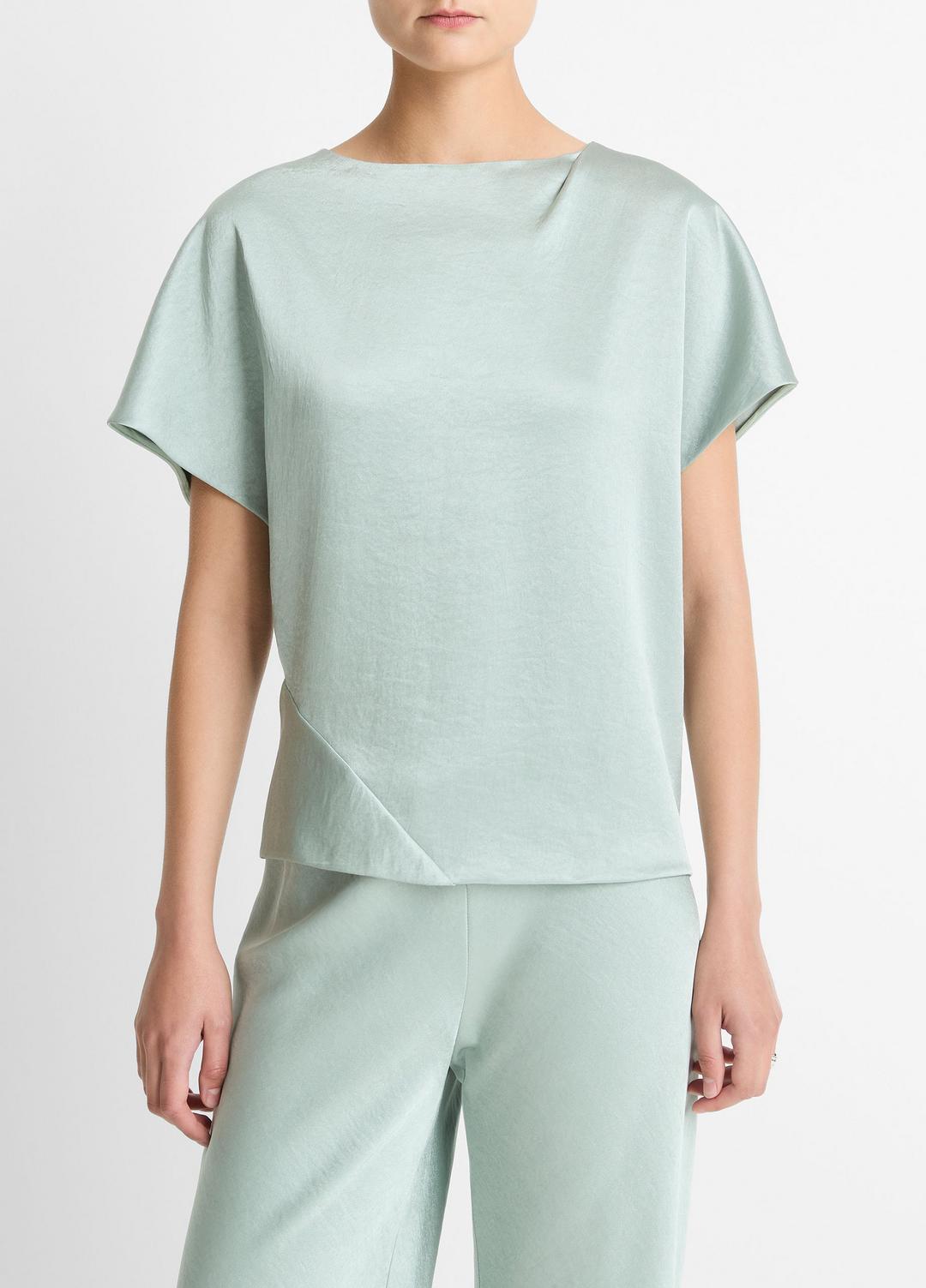 Draped Satin Dolman-Sleeve Blouse in Short Sleeve - ALOE STONE