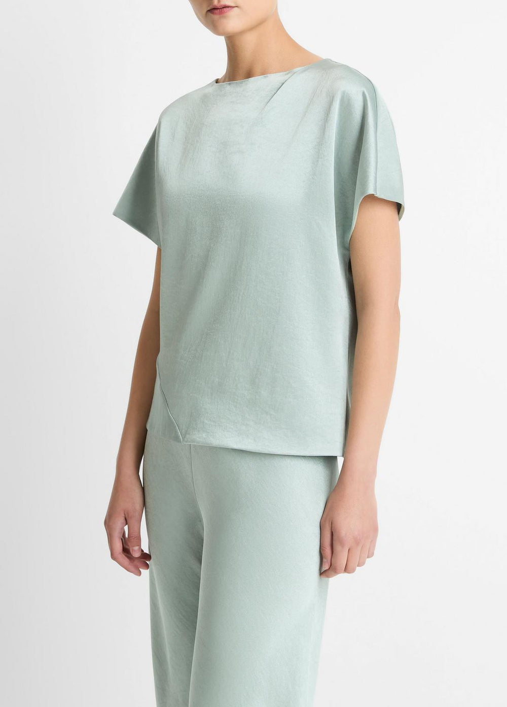 Draped Satin Dolman-Sleeve Blouse in Short Sleeve - ALOE STONE