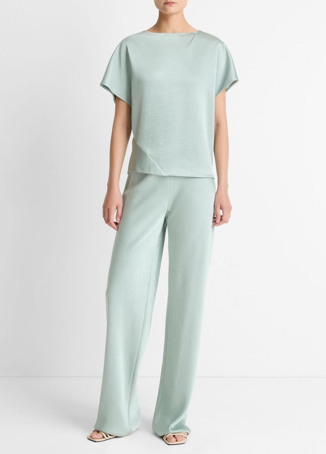 Draped Satin Dolman-Sleeve Blouse in Short Sleeve - ALOE STONE