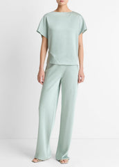 Draped Satin Dolman-Sleeve Blouse in Short Sleeve - ALOE STONE