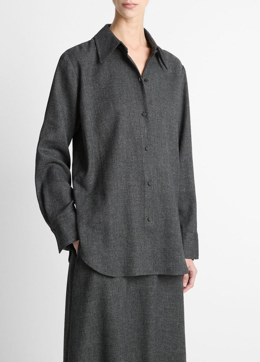 Italian Jaspe Relaxed Button-Front Shirt in Long Sleeve - MEDIUM HEATHER GREY