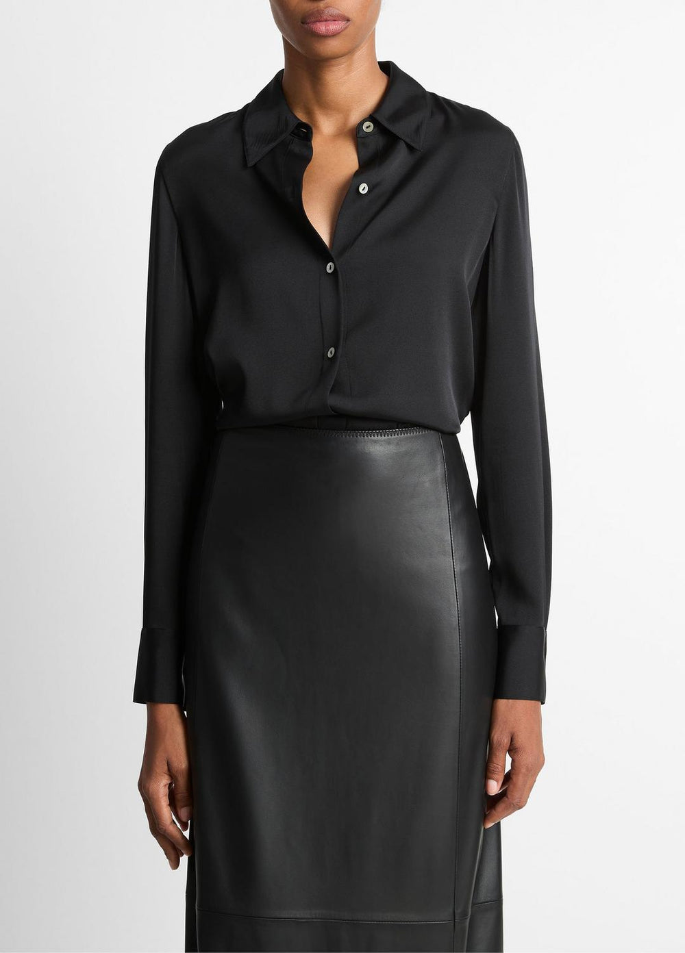 Silk-Blend Slim Button-Front Blouse in Long Sleeve - BLACK