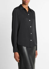 Silk-Blend Slim Button-Front Blouse in Long Sleeve - BLACK