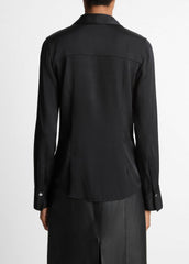 Silk-Blend Slim Button-Front Blouse in Long Sleeve - BLACK