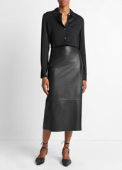 Silk-Blend Slim Button-Front Blouse in Long Sleeve - BLACK