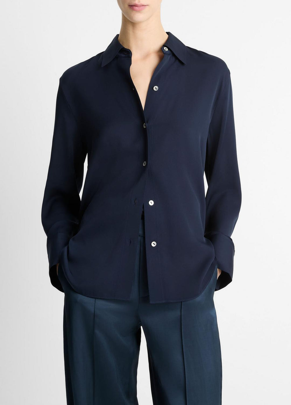Stretch-Silk Button-Front Blouse in Long Sleeve - COASTAL BLUE