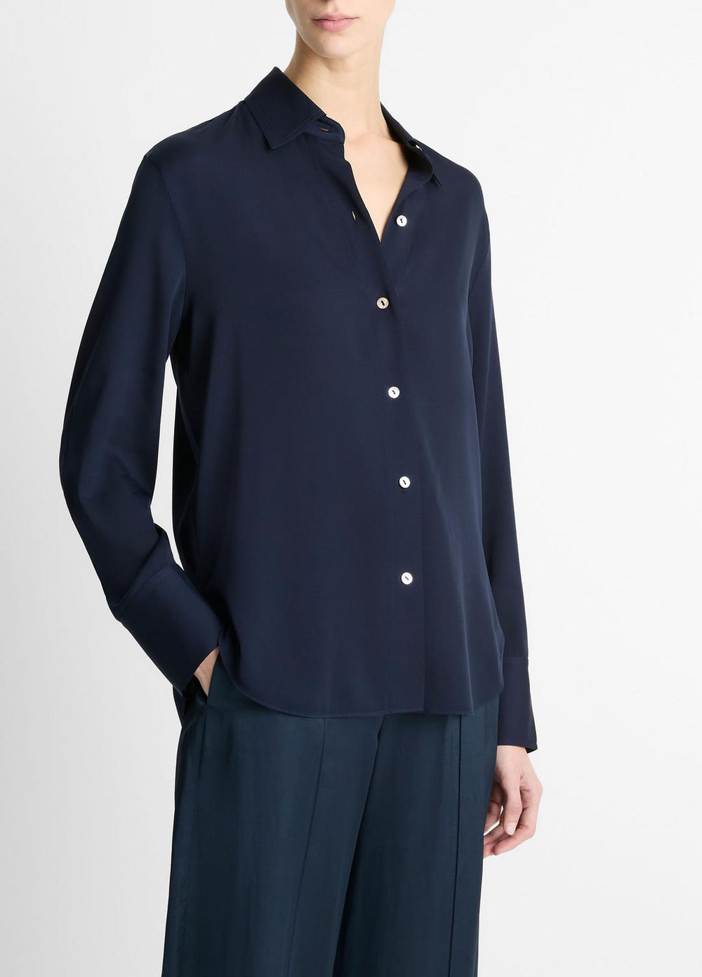 Stretch-Silk Button-Front Blouse in Long Sleeve - COASTAL BLUE