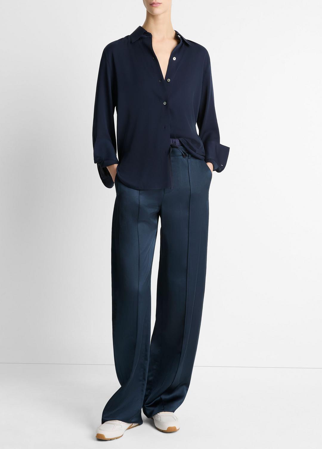 Stretch-Silk Button-Front Blouse in Long Sleeve - COASTAL BLUE