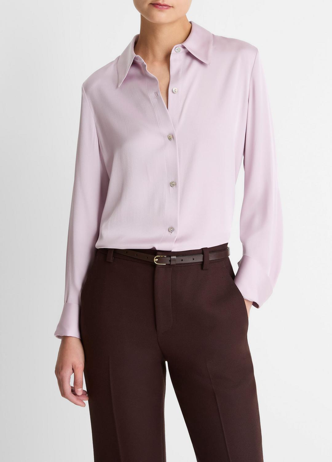 Silk-Blend Slim Button-Front Blouse in Long Sleeve - IRIS QUARTZ