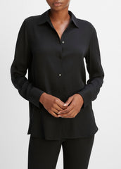 Slim Fitted Stretch-Silk Blouse in Long Sleeve - BLACK
