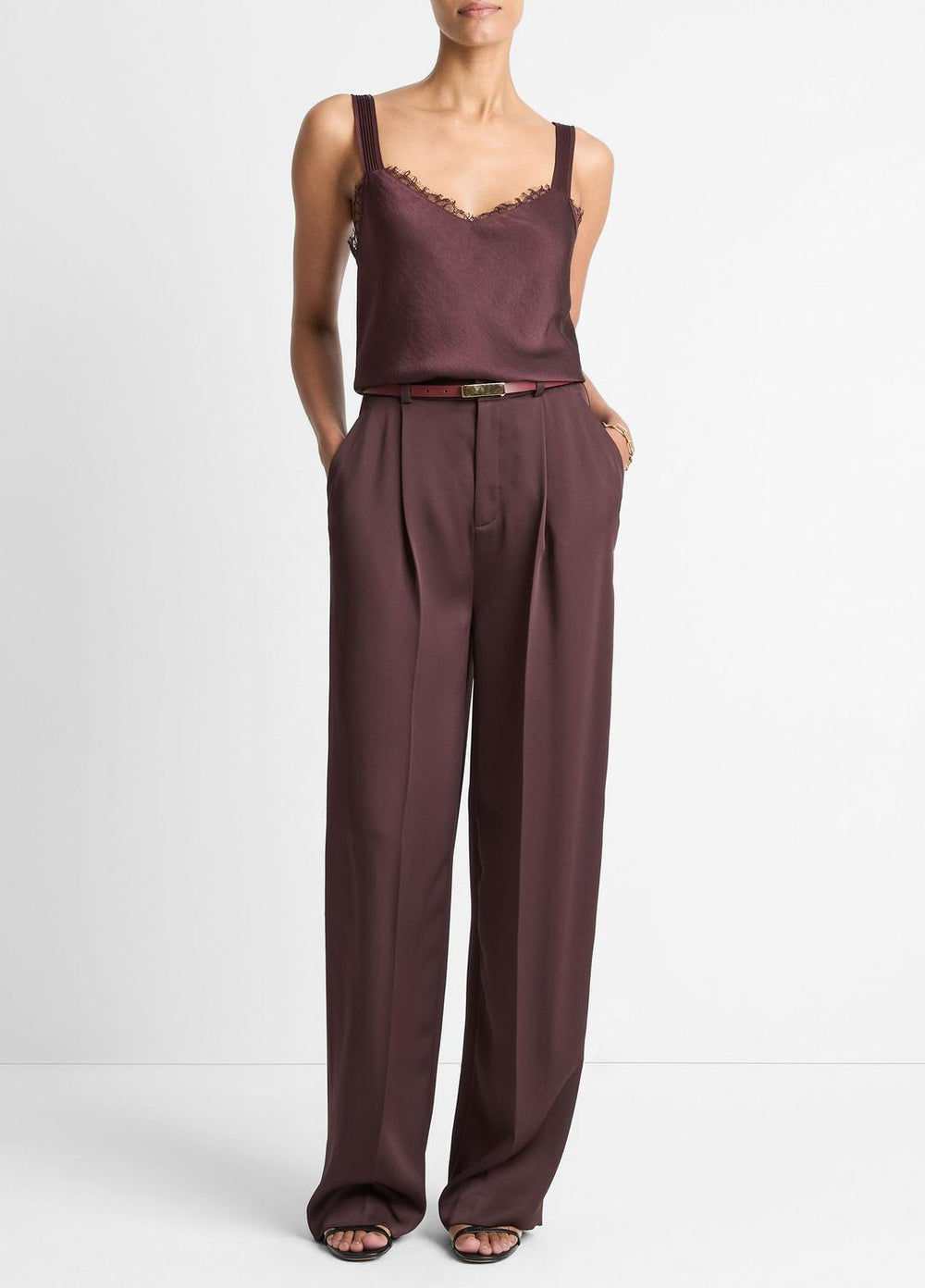 Lace-Trim Satin Camisole in Tank Tops - FIG