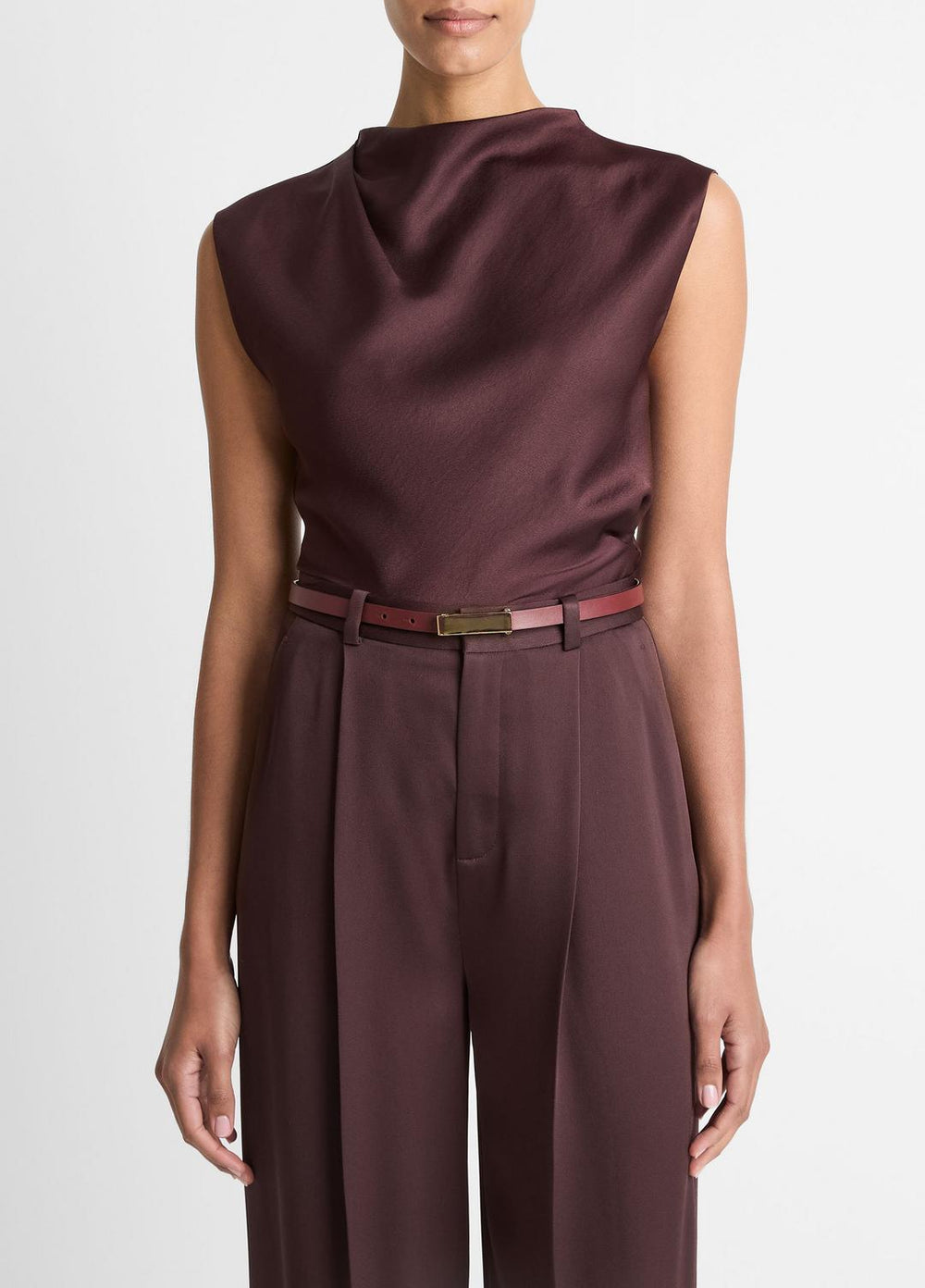 Satin Draped Cowl-Neck Top in Tank Tops - FIG