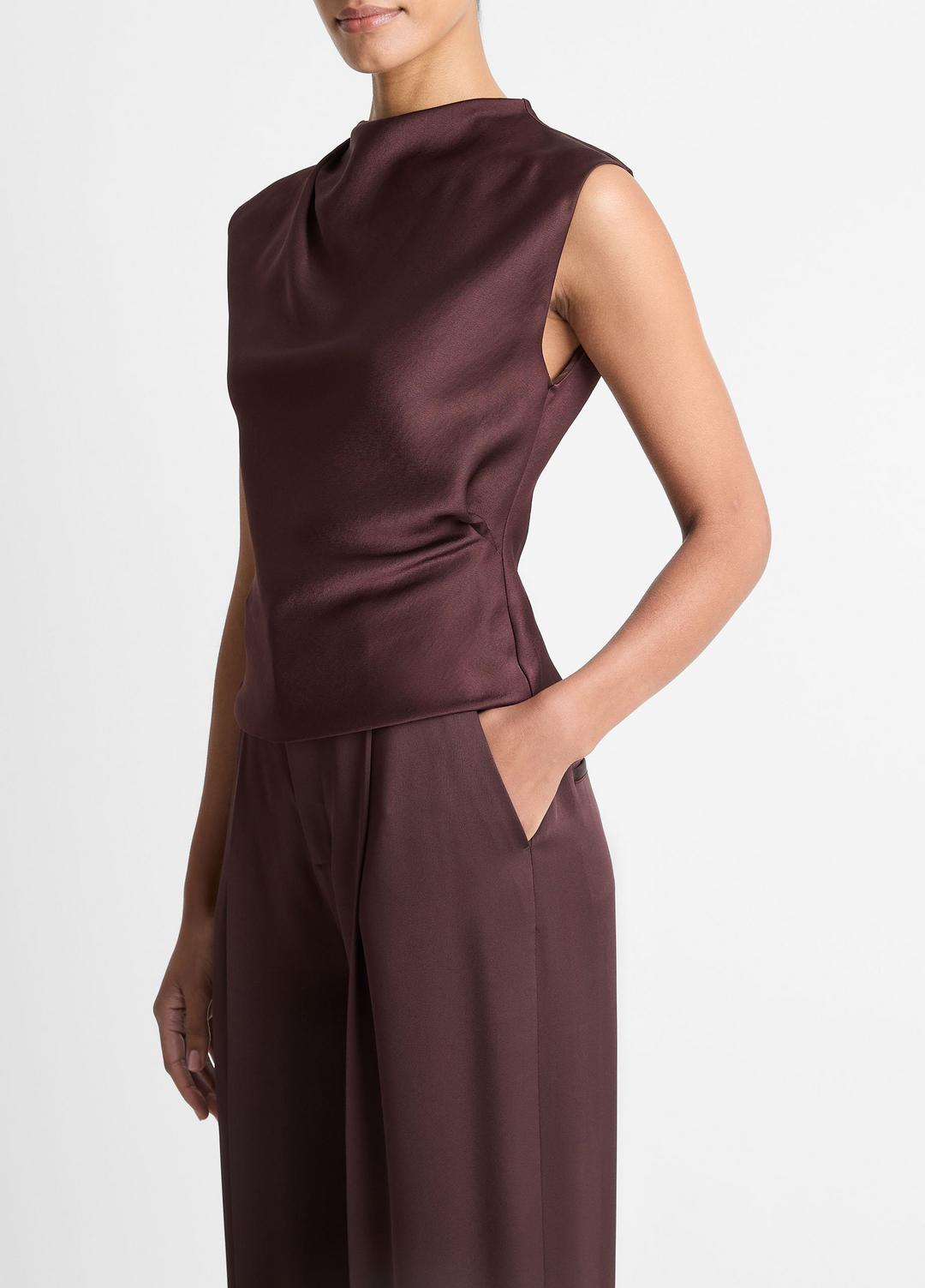 Satin Draped Cowl-Neck Top in Tank Tops - FIG