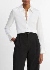 Silk-Blend Slim Button-Front Blouse in Long Sleeve - OFF WHITE