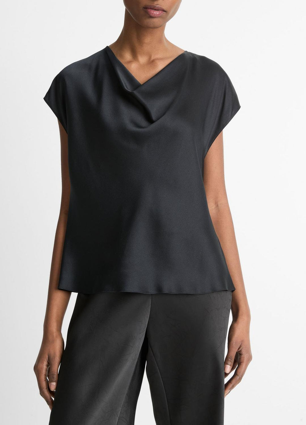 Silk Cowl-Neck Blouse in Short Sleeve - BLACK