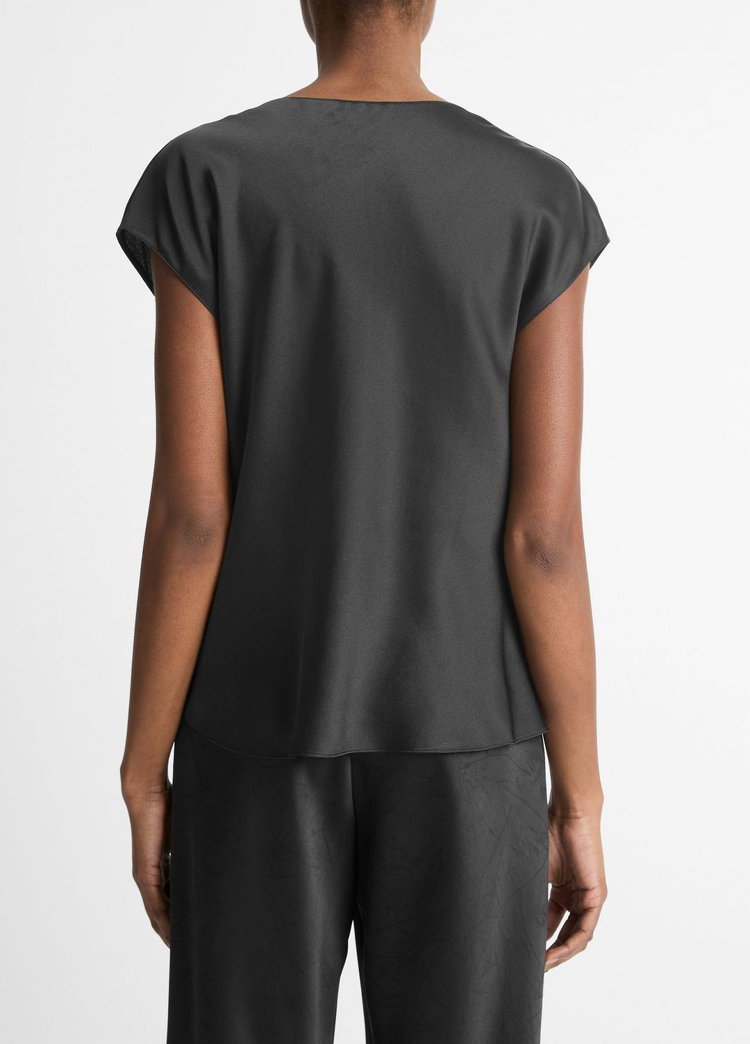 Silk Cowl-Neck Blouse in Short Sleeve - BLACK