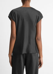 Silk Cowl-Neck Blouse in Short Sleeve - BLACK