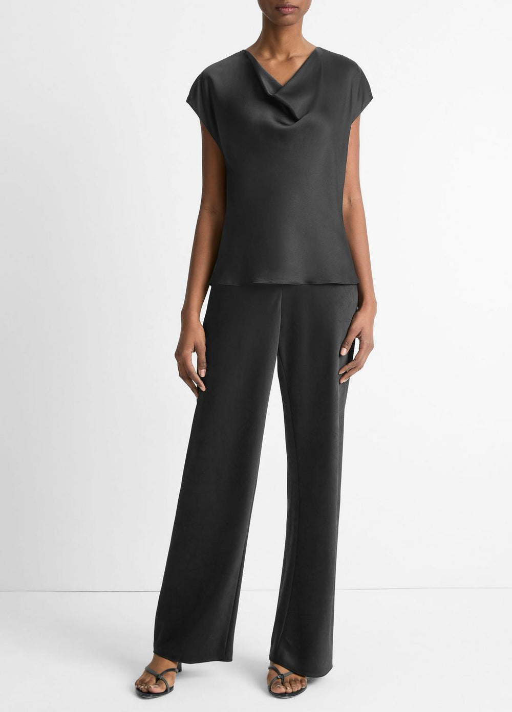 Silk Cowl-Neck Blouse in Short Sleeve - BLACK