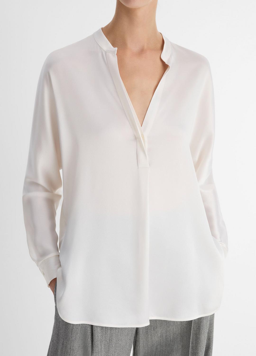 Silk Satin Band-Collar Blouse in Long Sleeve - OPTIC WHITE
