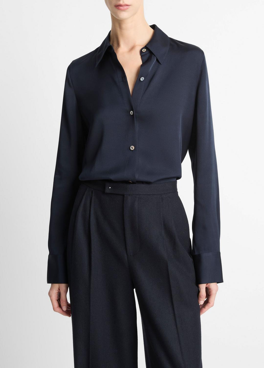 Silk-Blend Slim Button-Front Blouse in Long Sleeve - COASTAL BLUE