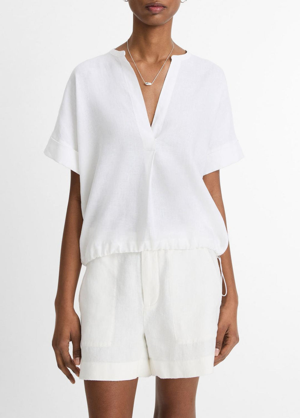 Linen Drawcord-Hem Blouse in Short Sleeve - OPTIC WHITE