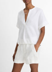 Linen Drawcord-Hem Blouse in Short Sleeve - OPTIC WHITE