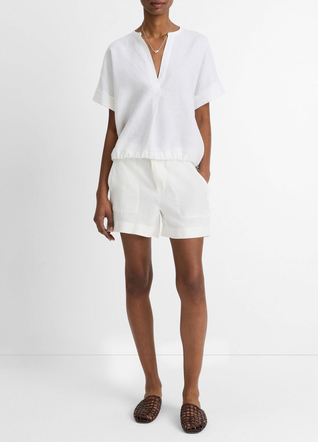 Linen Drawcord-Hem Blouse in Short Sleeve - OPTIC WHITE